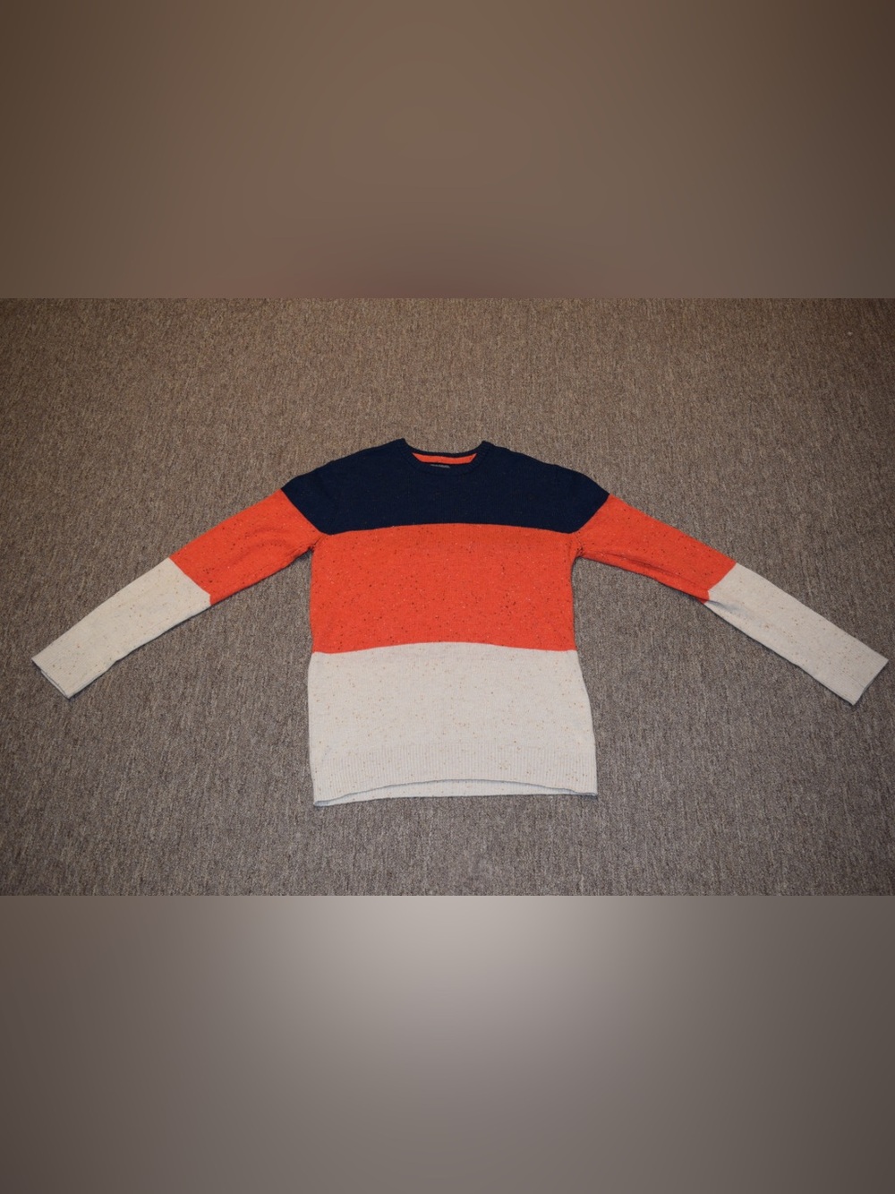 Aéropostale Color Block Crewneck Sweater Navy Orange Cream Flecked Knit Size L